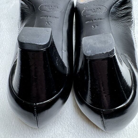 Prada Womens Shoes Black Patent Leather Kitten Block Heels Chain Link Chic 37 - Picture 12 of 15